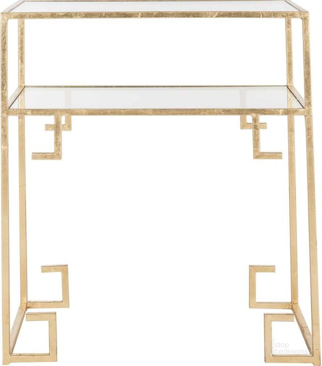The appearance of Berdine Gold Leaf Glass Top Greek Key Table designed by Safavieh in the modern / contemporary interior design. This antique gold piece of furniture  was selected by 1StopBedrooms from Safavieh FOX Collection to add a touch of cosiness and style into your home. Sku: FOX2560A. Product Type: Accent Table. Material: Iron. Image1