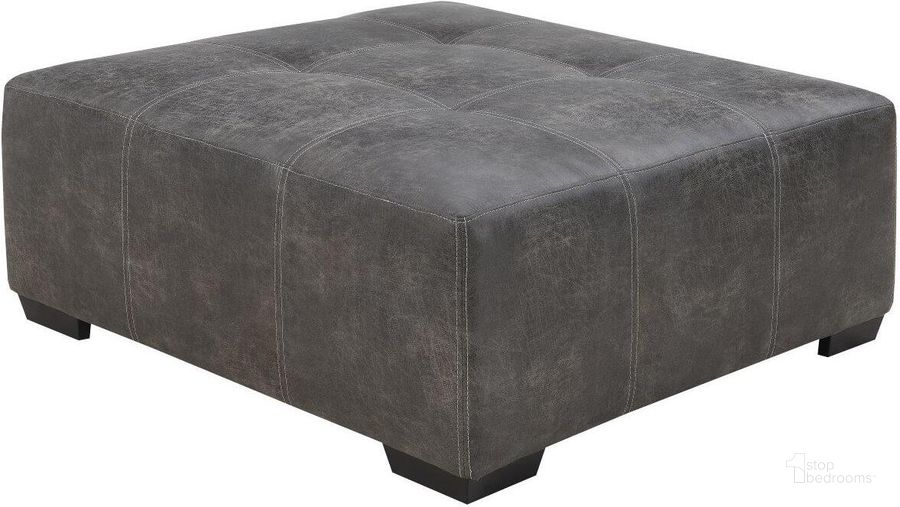 The appearance of Berlin Large Square Ottoman In Gray Sanded Microfiber designed by Emerald Home Furnishings in the modern / contemporary interior design. This gray piece of furniture  was selected by 1StopBedrooms from Berlin Collection to add a touch of cosiness and style into your home. Sku: U4551-23-03. Material: Wood. Product Type: Ottoman. Image1