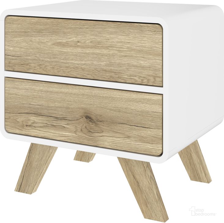 The appearance of Bestar Alhena 20W End Table In White Uv And Sandy Brown Oak designed by Bestar in the modern / contemporary interior design. This white piece of furniture  was selected by 1StopBedrooms from Alhena Collection to add a touch of cosiness and style into your home. Sku: 119240-000001. Product Type: End Table. Material: MDF. Image1