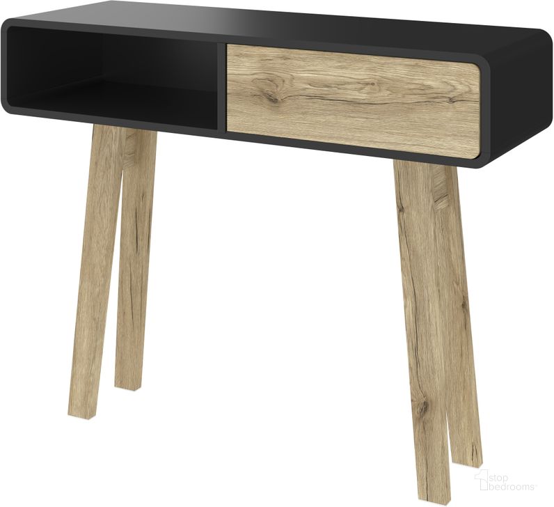The appearance of Bestar Alhena 40W Console Table In Black Uv And Sandy Brown Oak designed by Bestar in the transitional interior design. This black piece of furniture  was selected by 1StopBedrooms from Alhena Collection to add a touch of cosiness and style into your home. Sku: 119160-000133. Product Type: Console Table. Material: MDF. Image1