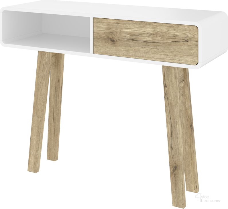 The appearance of Bestar Alhena 40W Console Table In White Uv And Sandy Brown Oak designed by Bestar in the transitional interior design. This white piece of furniture  was selected by 1StopBedrooms from Alhena Collection to add a touch of cosiness and style into your home. Sku: 119160-000001. Product Type: Console Table. Material: MDF. Image1
