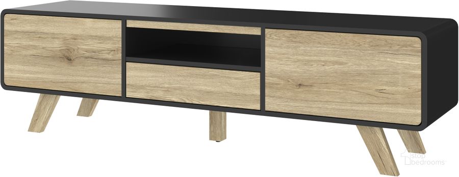 The appearance of Bestar Alhena 63W Tv Stand In Black Uv And Sandy Brown Oak designed by Bestar in the transitional interior design. This black piece of furniture  was selected by 1StopBedrooms from Alhena Collection to add a touch of cosiness and style into your home. Sku: 119200-000133. Product Type: TV Stand. Material: MDF. Image1