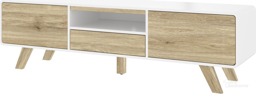 The appearance of Bestar Alhena 63W Tv Stand In White Uv And Sandy Brown Oak designed by Bestar in the transitional interior design. This white piece of furniture  was selected by 1StopBedrooms from Alhena Collection to add a touch of cosiness and style into your home. Sku: 119200-000001. Product Type: TV Stand. Material: MDF. Image1