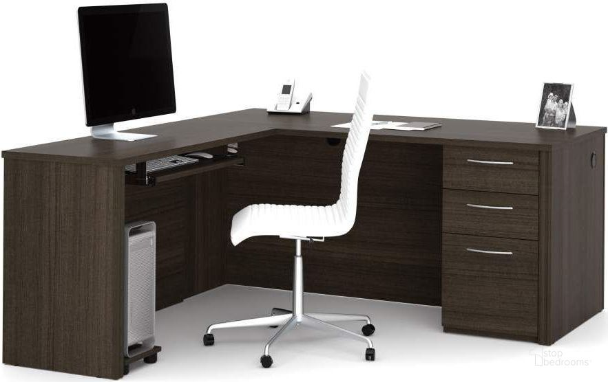 The appearance of Embassy Dark Chocolate 66" L-Shaped Desk designed by Bestar in the modern / contemporary interior design. This brown piece of furniture  was selected by 1StopBedrooms from Embassy Collection to add a touch of cosiness and style into your home. Sku: 60852-79. Material: Wood. Product Type: Desk. Image1