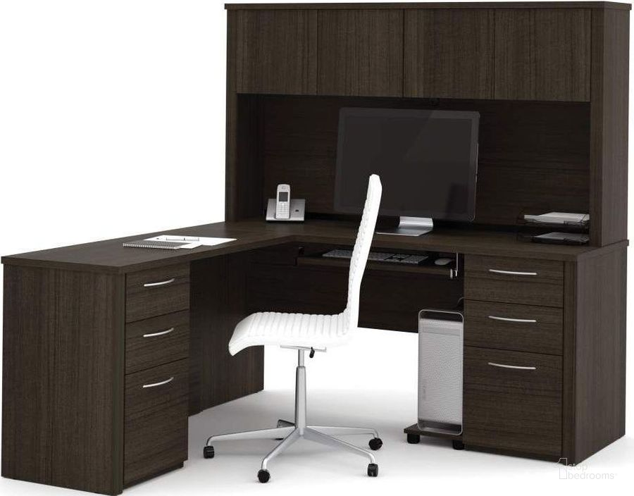 The appearance of Embassy Dark Chocolate 66" L-Shaped Desk with Hutch designed by Bestar in the modern / contemporary interior design. This brown piece of furniture  was selected by 1StopBedrooms from Embassy Collection to add a touch of cosiness and style into your home. Sku: 60853-79. Material: Wood. Product Type: Desk & Hutch. Image1