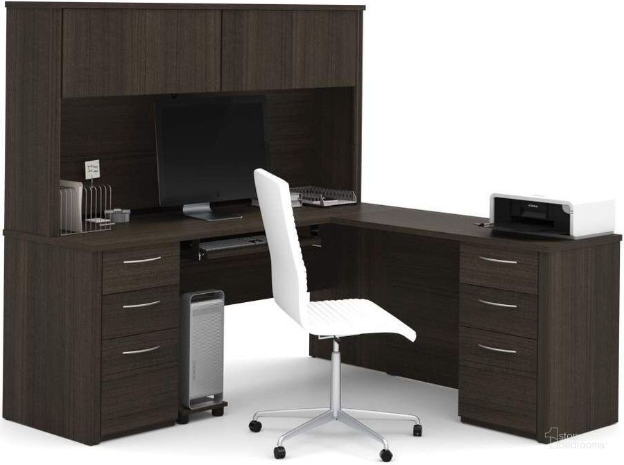 The appearance of Embassy Dark Chocolate 71" L-Shaped Desk with Hutch designed by Bestar in the modern / contemporary interior design. This brown piece of furniture  was selected by 1StopBedrooms from Embassy Collection to add a touch of cosiness and style into your home. Sku: 60893-79. Material: Wood. Product Type: Desk & Hutch. Image1