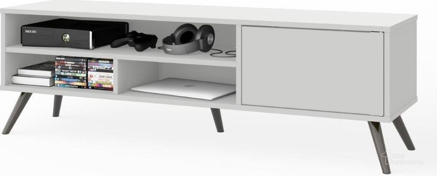The appearance of Bestar Krom 54W Tv Stand With Metal Legs In White designed by Bestar in the modern / contemporary interior design. This white piece of furniture  was selected by 1StopBedrooms from Krom Collection to add a touch of cosiness and style into your home. Sku: 17200-000017. Material: Wood. Product Type: TV Stand. Image1