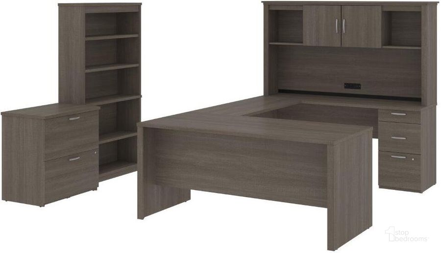 Bestar Logan U-Shaped Desk With Storage In Bark Grey - 1Stopbedrooms