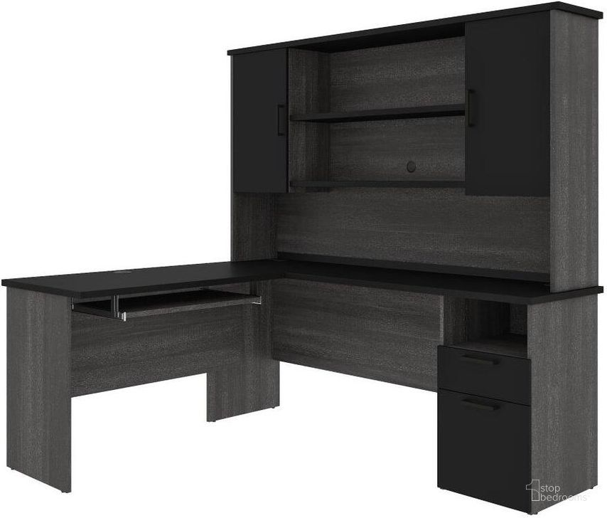 The appearance of Bestar Norma L-shaped Desk with Hutch - Black and Bark Gray designed by Bestar in the modern / contemporary interior design. This black piece of furniture  was selected by 1StopBedrooms from Norma Collection to add a touch of cosiness and style into your home. Sku: 181850-000018. Material: Wood. Product Type: Desk & Hutch. Image1