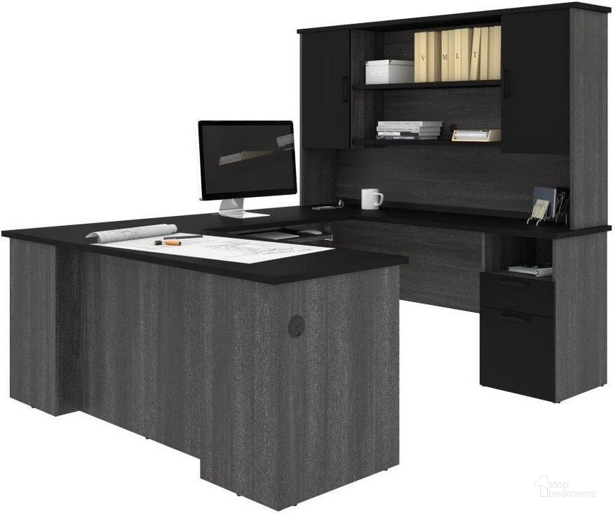 The appearance of Bestar Norma U-shaped Desk with Hutch - Black and Bark Gray designed by Bestar in the modern / contemporary interior design. This black piece of furniture  was selected by 1StopBedrooms from Norma Collection to add a touch of cosiness and style into your home. Sku: 181852-000018. Material: Wood. Product Type: Desk & Hutch. Image1