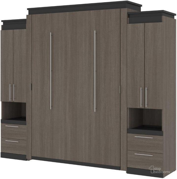 The appearance of Bestar Orion 104W Queen Murphy Bed And 2 Storage Cabinets With Pull-Out Shelves In Bark Gray And Graphite designed by Bestar in the modern / contemporary interior design. This bark gray piece of furniture  was selected by 1StopBedrooms from Orion Collection to add a touch of cosiness and style into your home. Sku: 116889-000047. Material: Wood. Bed Size: Queen. Bed Type: Murphy Bed. Product Type: Murphy Bed. Image1