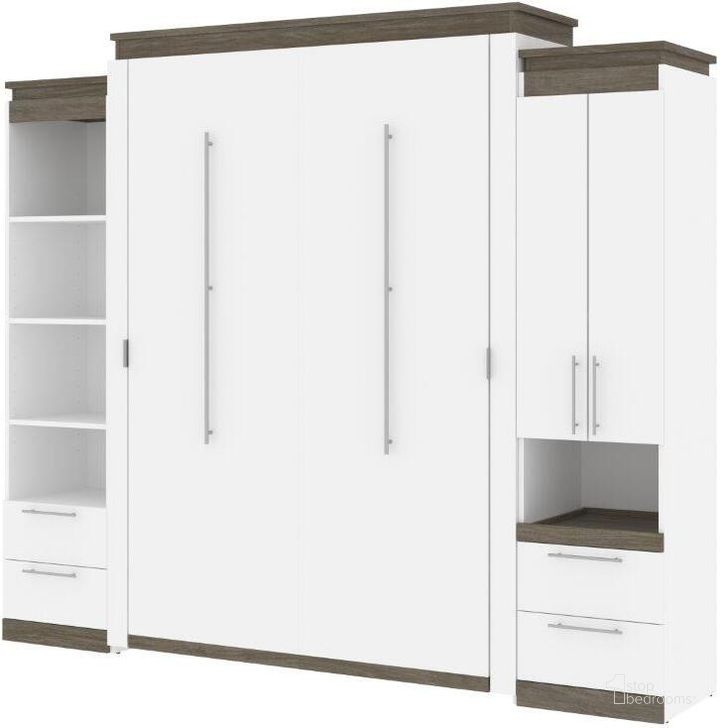 The appearance of Bestar Orion 104W Queen Murphy Bed And Narrow Storage Solutions With Drawers In White And Walnut Grey designed by Bestar in the modern / contemporary interior design. This white and grey piece of furniture  was selected by 1StopBedrooms from Orion Collection to add a touch of cosiness and style into your home. Sku: 116872-000017. Material: Wood. Bed Size: Queen. Bed Type: Murphy Bed. Product Type: Murphy Bed. Image1