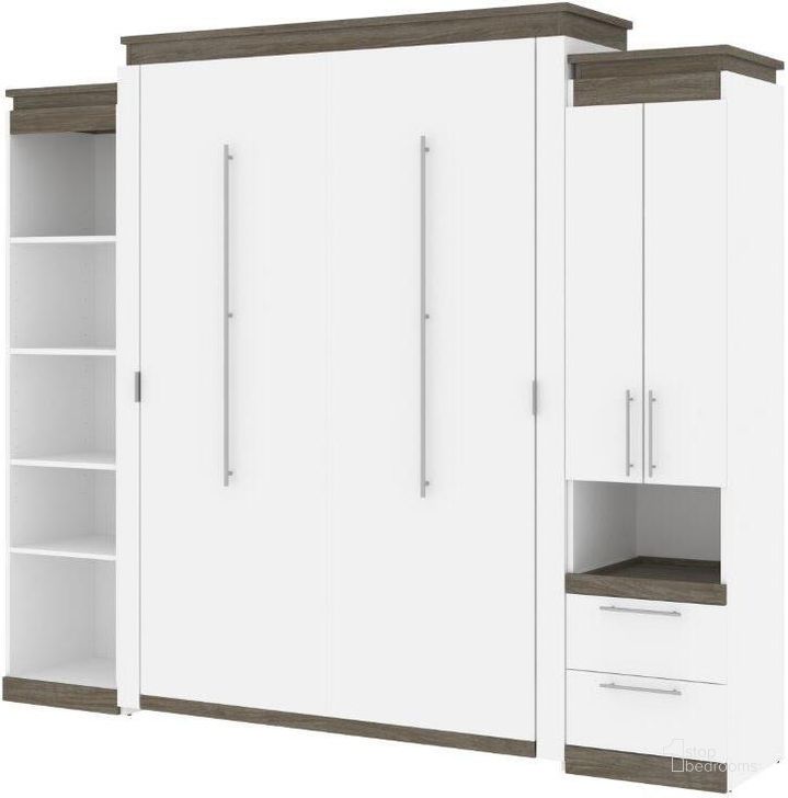 The appearance of Bestar Orion 104W Queen Murphy Bed With Narrow Storage Solutions In White And Walnut Grey designed by Bestar in the modern / contemporary interior design. This white and grey piece of furniture  was selected by 1StopBedrooms from Orion Collection to add a touch of cosiness and style into your home. Sku: 116871-000017. Material: Wood. Bed Size: Queen. Bed Type: Murphy Bed. Product Type: Murphy Bed. Image1