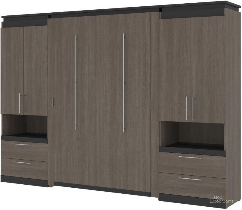 The appearance of Bestar Orion 118W Full Murphy Bed And 2 Storage Cabinets With Pull-Out Shelves In Bark Gray And Graphite designed by Bestar in the modern / contemporary interior design. This bark gray piece of furniture  was selected by 1StopBedrooms from Orion Collection to add a touch of cosiness and style into your home. Sku: 116860-000047. Material: Wood. Bed Size: Full. Bed Type: Murphy Bed. Product Type: Murphy Bed. Image1