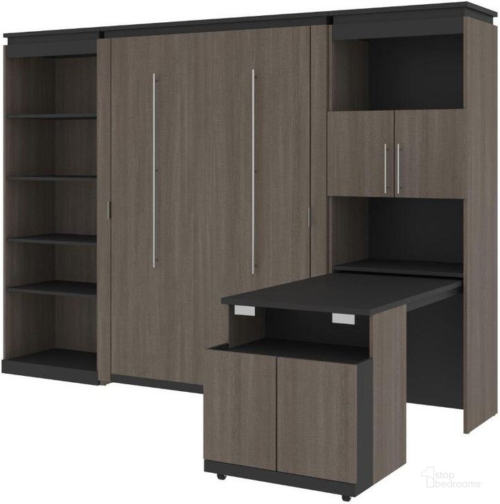 The appearance of Bestar Orion 118W Full Murphy Bed With Shelving And Fold-Out Desk In Bark Gray And Graphite designed by Bestar in the modern / contemporary interior design. This bark gray piece of furniture  was selected by 1StopBedrooms from Orion Collection to add a touch of cosiness and style into your home. Sku: 116866-000047. Material: Wood. Bed Size: Full. Bed Type: Murphy Bed. Product Type: Murphy Bed. Image1