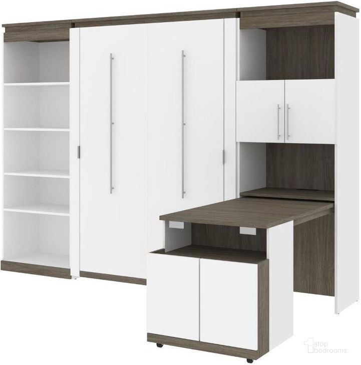 The appearance of Bestar Orion 118W Full Murphy Bed With Shelving And Fold-Out Desk In White And Walnut Grey designed by Bestar in the modern / contemporary interior design. This white and grey piece of furniture  was selected by 1StopBedrooms from Orion Collection to add a touch of cosiness and style into your home. Sku: 116866-000017. Material: Wood. Bed Size: Full. Bed Type: Murphy Bed. Product Type: Murphy Bed. Image1