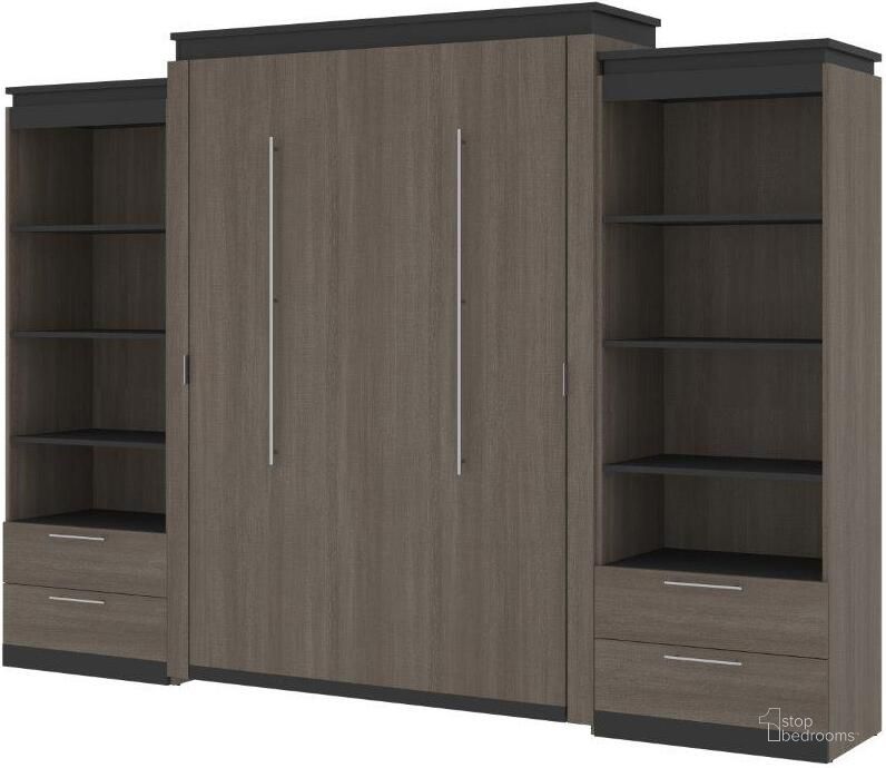 The appearance of Bestar Orion 124W Queen Murphy Bed And 2 Shelving Units With Drawers In Bark Gray And Graphite designed by Bestar in the modern / contemporary interior design. This bark gray piece of furniture  was selected by 1StopBedrooms from Orion Collection to add a touch of cosiness and style into your home. Sku: 116887-000047. Material: Wood. Bed Size: Queen. Bed Type: Murphy Bed. Product Type: Murphy Bed. Image1