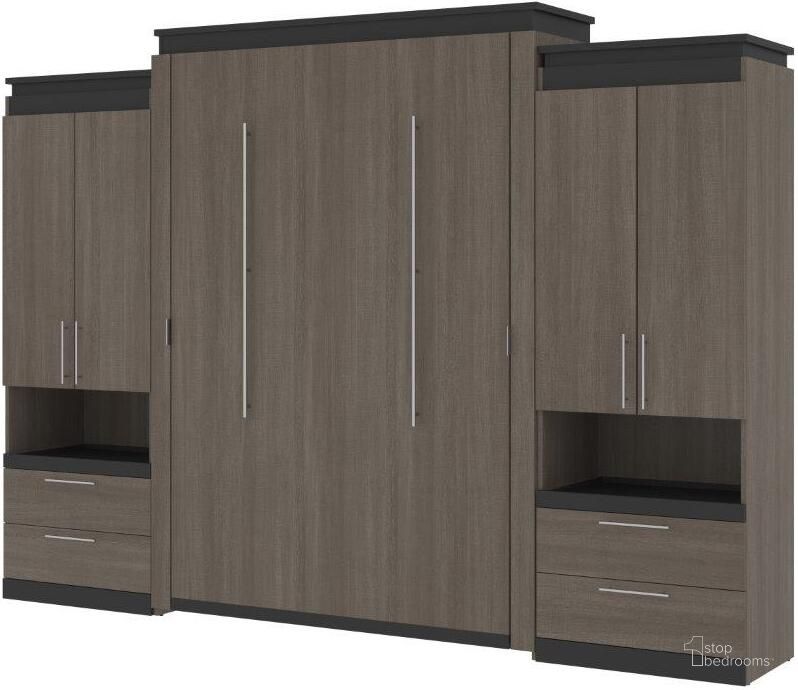 The appearance of Bestar Orion 124W Queen Murphy Bed And 2 Storage Cabinets With Pull-Out Shelves In Bark Gray And Graphite designed by Bestar in the modern / contemporary interior design. This bark gray piece of furniture  was selected by 1StopBedrooms from Orion Collection to add a touch of cosiness and style into your home. Sku: 116870-000047. Material: Wood. Bed Size: Queen. Bed Type: Murphy Bed. Product Type: Murphy Bed. Image1