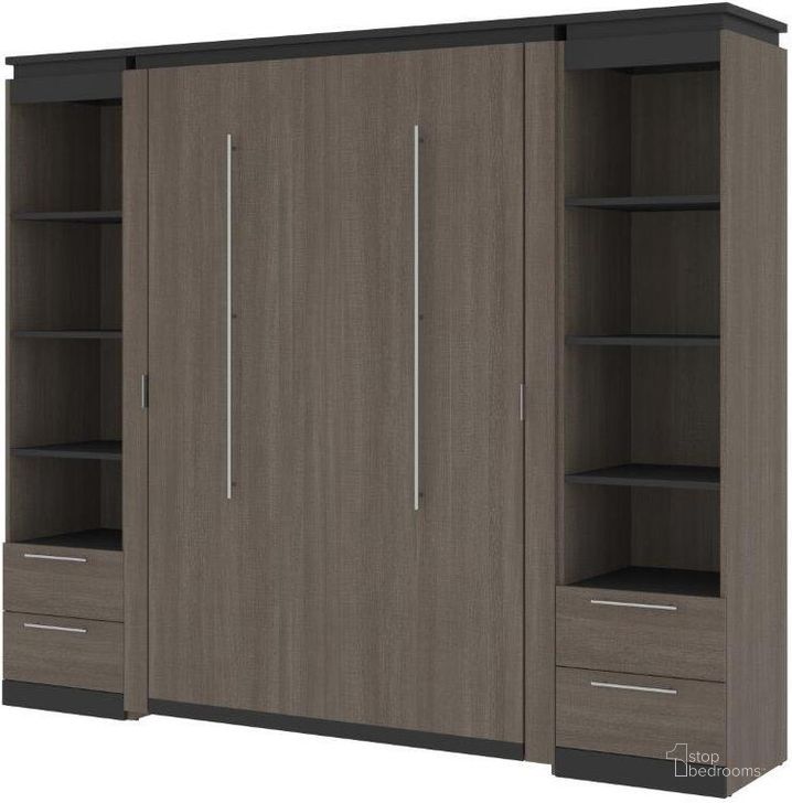 The appearance of Bestar Orion 98W Full Murphy Bed And 2 Narrow Shelving Units With Drawers In Bark Gray And Graphite designed by Bestar in the modern / contemporary interior design. This bark gray piece of furniture  was selected by 1StopBedrooms from Orion Collection to add a touch of cosiness and style into your home. Sku: 116895-000047. Material: Wood. Bed Size: Full. Bed Type: Murphy Bed. Product Type: Murphy Bed. Image1