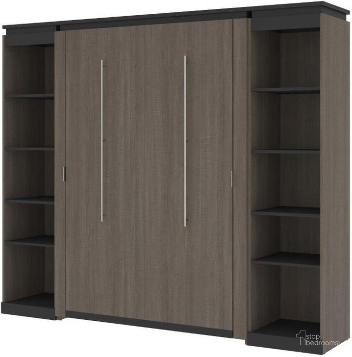 The appearance of Bestar Orion 98W Full Murphy Bed With 2 Narrow Shelving Units In Bark Gray And Graphite designed by Bestar in the modern / contemporary interior design. This bark gray piece of furniture  was selected by 1StopBedrooms from Orion Collection to add a touch of cosiness and style into your home. Sku: 116894-000047. Material: Wood. Bed Size: Full. Bed Type: Murphy Bed. Product Type: Murphy Bed. Image1