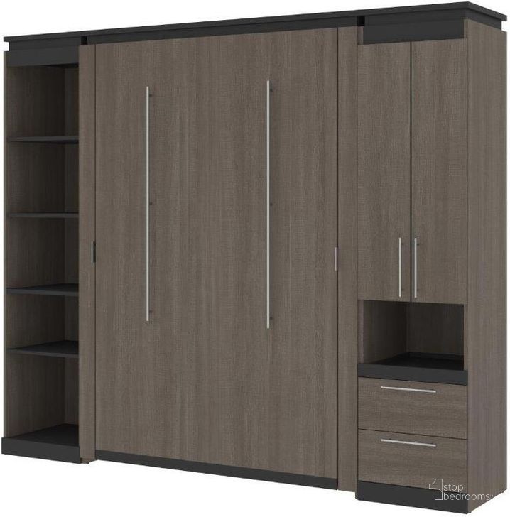 The appearance of Bestar Orion 98W Full Murphy Bed With Narrow Storage Solutions In Bark Gray And Graphite designed by Bestar in the modern / contemporary interior design. This bark gray piece of furniture  was selected by 1StopBedrooms from Orion Collection to add a touch of cosiness and style into your home. Sku: 116861-000047. Material: Wood. Bed Size: Full. Bed Type: Murphy Bed. Product Type: Murphy Bed. Image1