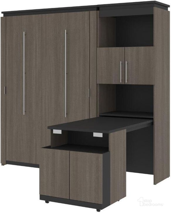 The appearance of Bestar Orion Full Murphy Bed And Shelving Unit With Fold-Out Desk In Bark Gray And Graphite designed by Bestar in the modern / contemporary interior design. This bark gray piece of furniture  was selected by 1StopBedrooms from Orion Collection to add a touch of cosiness and style into your home. Sku: 116865-000047. Material: Wood. Bed Size: Full. Bed Type: Murphy Bed. Product Type: Murphy Bed. Image1