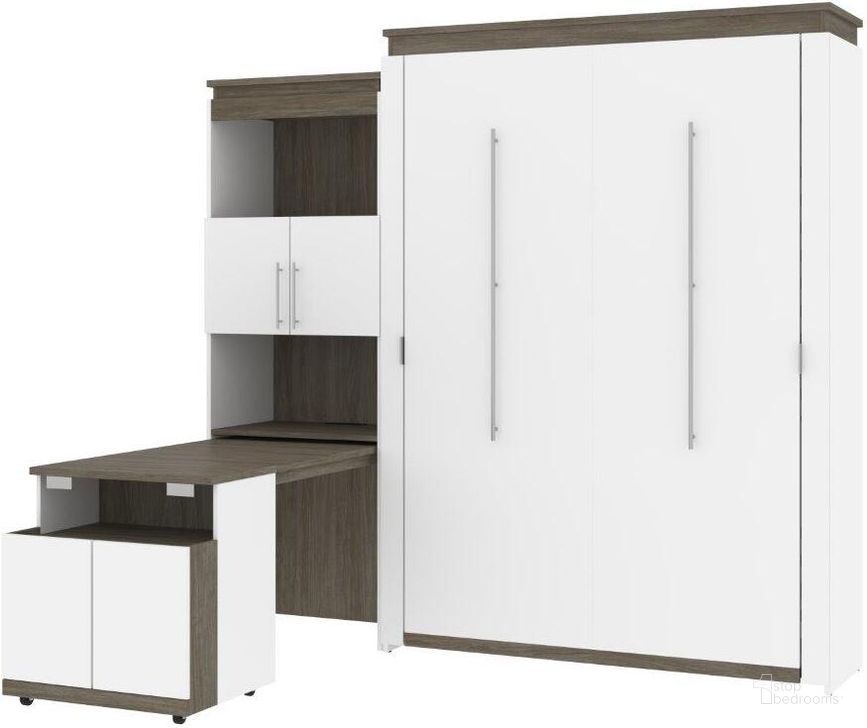 The appearance of Bestar Orion Queen Murphy Bed And Shelving Unit With Fold-Out Desk In White And Walnut Grey designed by Bestar in the modern / contemporary interior design. This white and grey piece of furniture  was selected by 1StopBedrooms from Orion Collection to add a touch of cosiness and style into your home. Sku: 116875-000017. Material: Wood. Bed Size: Queen. Bed Type: Murphy Bed. Product Type: Murphy Bed. Image1