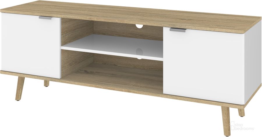 The appearance of Bestar Procyon 56W Tv Stand In Modern Oak And White Uv designed by Bestar in the modern / contemporary interior design. This white piece of furniture  was selected by 1StopBedrooms from Procyon Collection to add a touch of cosiness and style into your home. Sku: 121200-000125. Material: Wood. Product Type: TV Stand. Image1