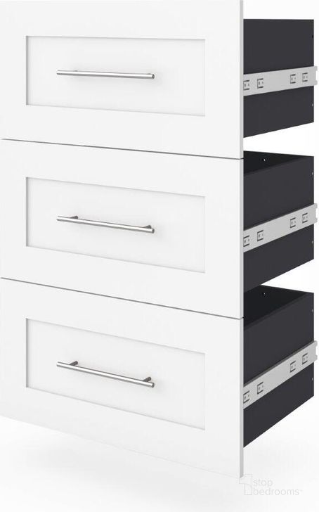 The appearance of Bestar Pur 3 Drawer Set For Pur 25W Shelving Unit In White designed by Bestar in the modern / contemporary interior design. This white piece of furniture  was selected by 1StopBedrooms from Pur Collection to add a touch of cosiness and style into your home. Sku: 26163-000017. Material: Wood. Product Type: Drawer Set. Image1