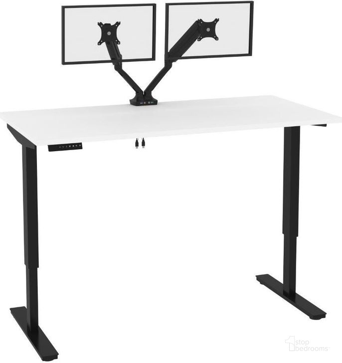 The appearance of Bestar Universel Standing Desk With Dual Monitor Arm In White 165870-000017 designed by Bestar in the modern / contemporary interior design. This white piece of furniture  was selected by 1StopBedrooms from Universel Collection to add a touch of cosiness and style into your home. Sku: 165870-000017. Material: Wood. Product Type: Desk. Image1