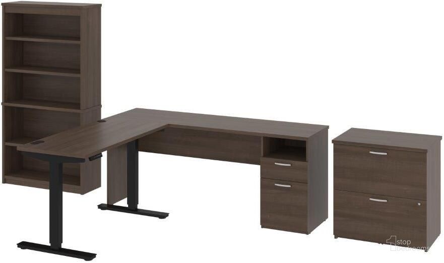 The appearance of Bestar Upstand 135W 72W L-Shaped Standing Desk With Bookcase And File Cabinet In Antigua designed by Bestar in the transitional interior design. This antigua piece of furniture  was selected by 1StopBedrooms from Upstand Collection to add a touch of cosiness and style into your home. Sku: 175853-000052. Material: Wood. Product Type: Home Office Set. Image1