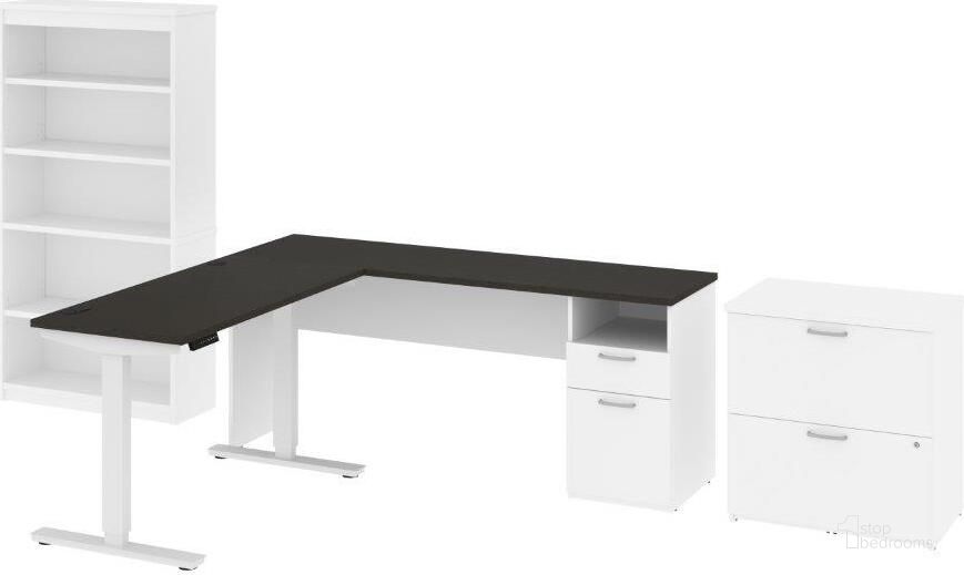 The appearance of Bestar Upstand 135W 72W L-Shaped Standing Desk With Bookcase And File Cabinet In Deep Grey & White designed by Bestar in the modern / contemporary interior design. This white and gray piece of furniture  was selected by 1StopBedrooms from Upstand Collection to add a touch of cosiness and style into your home. Sku: 175853-000032. Material: Wood. Product Type: Home Office Set. Image1