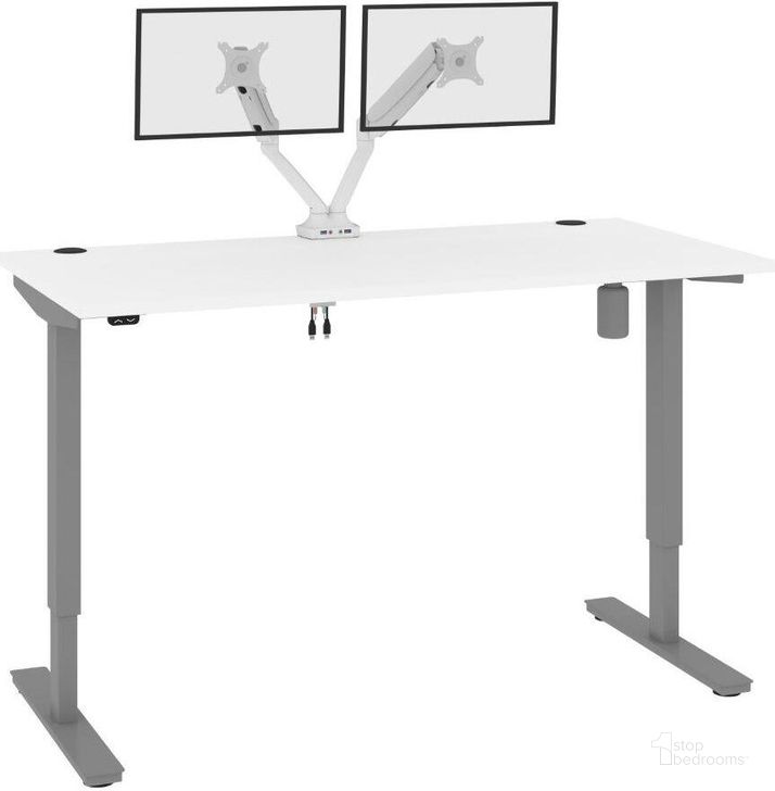 The appearance of Bestar Upstand Standing Desk With Dual Monitor Arm In White 175870-000017 designed by Bestar in the modern / contemporary interior design. This white piece of furniture  was selected by 1StopBedrooms from Upstand Collection to add a touch of cosiness and style into your home. Sku: 175870-000017. Material: Wood. Product Type: Desk. Image1
