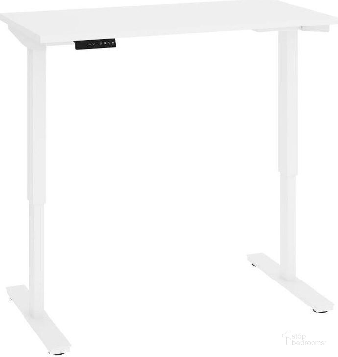 The appearance of Bestar Viva 48W x 24D Electric Standing Desk In White designed by Bestar in the modern / contemporary interior design. This white piece of furniture  was selected by 1StopBedrooms from Viva Collection to add a touch of cosiness and style into your home. Sku: 19857-000017. Material: Wood. Product Type: Desk. Image1
