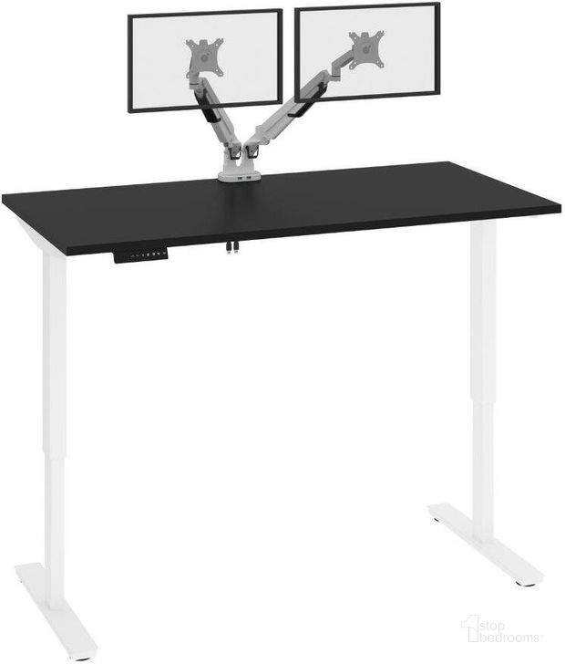 The appearance of Bestar Viva 60W x 30D Electric Standing Desk With Monitor Arms In Black designed by Bestar in the modern / contemporary interior design. This black piece of furniture  was selected by 1StopBedrooms from Viva Collection to add a touch of cosiness and style into your home. Sku: 19868-000018. Material: Wood. Product Type: Desk. Image1
