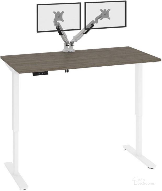 The appearance of Bestar Viva 60W x 30D Electric Standing Desk With Monitor Arms In Walnut Grey designed by Bestar in the modern / contemporary interior design. This walnut gray piece of furniture  was selected by 1StopBedrooms from Viva Collection to add a touch of cosiness and style into your home. Sku: 19868-000035. Material: Wood. Product Type: Desk. Image1