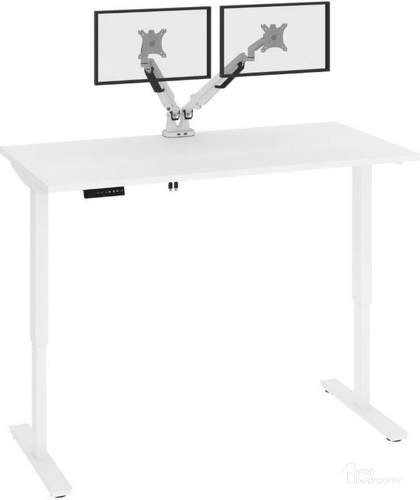 The appearance of Bestar Viva 60W x 30D Electric Standing Desk With Monitor Arms In White designed by Bestar in the modern / contemporary interior design. This white piece of furniture  was selected by 1StopBedrooms from Viva Collection to add a touch of cosiness and style into your home. Sku: 19868-000017. Material: Wood. Product Type: Desk. Image1