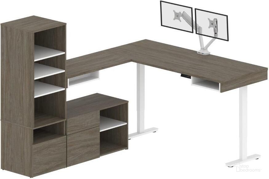 Bestar Viva 72W L-Shaped Standing Desk with Dual Monitor Arm and Storage in Walnut Grey & White