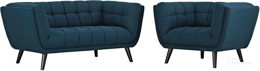The appearance of Bestow Blue 2 Piece Upholstered Fabric Loveseat and Arm Chair Set designed by Modway in the modern / contemporary interior design. This blue piece of furniture  was selected by 1StopBedrooms from Bestow Collection to add a touch of cosiness and style into your home. Sku: EEI-2972-BLU-SET. Material: Wood. Product Type: Living Room Chair. Image1
