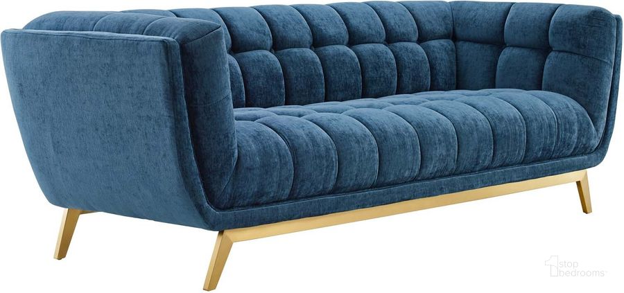 The appearance of Bestow Crushed Performance Velvet Sofa EEI-4410-NAV designed by Modway in the modern / contemporary interior design. This light blue piece of furniture  was selected by 1StopBedrooms from Bestow Collection to add a touch of cosiness and style into your home. Sku: EEI-4410-NAV. Material: Wood. Product Type: Sofa. Image1