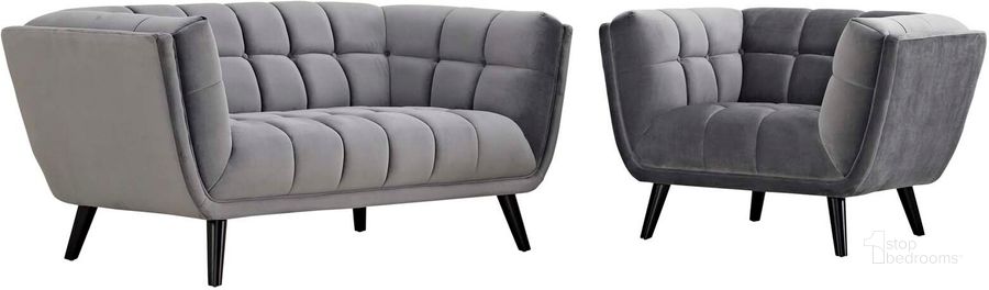 The appearance of Bestow Gray 2 Piece Performance Velvet Loveseat and Arm Chair Set designed by Modway in the modern / contemporary interior design. This gray velvet piece of furniture  was selected by 1StopBedrooms from Bestow Collection to add a touch of cosiness and style into your home. Sku: EEI-2973-GRY-SET. Product Type: Living Room Chair. Material: Rubberwood. Image1