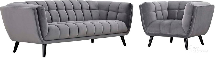 The appearance of Bestow Gray 2 Piece Performance Velvet Sofa and Arm Chair Set designed by Modway in the modern / contemporary interior design. This gray velvet piece of furniture  was selected by 1StopBedrooms from Bestow Collection to add a touch of cosiness and style into your home. Sku: EEI-2980-GRY-SET. Product Type: Living Room Chair. Material: Rubberwood. Image1
