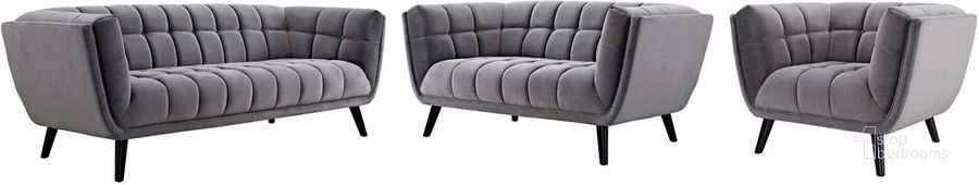 The appearance of Bestow Gray 3 Piece Performance Velvet Sofa Loveseat and Arm Chair Set designed by Modway in the modern / contemporary interior design. This gray velvet piece of furniture  was selected by 1StopBedrooms from Bestow Collection to add a touch of cosiness and style into your home. Sku: EEI-2978-GRY-SET. Product Type: Living Room Chair. Material: Rubberwood. Image1