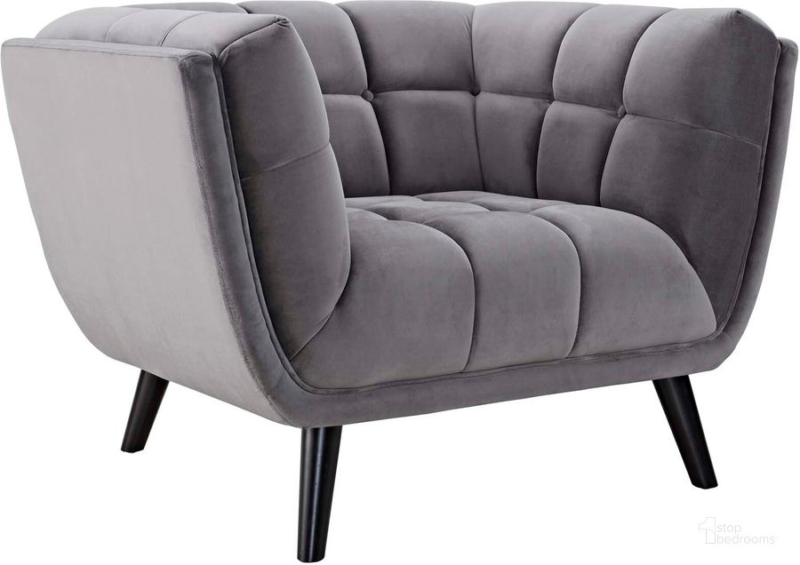 The appearance of Bestow Gray Performance Velvet Arm Chair designed by Modway in the modern / contemporary interior design. This gray velvet piece of furniture  was selected by 1StopBedrooms from Bestow Collection to add a touch of cosiness and style into your home. Sku: EEI-2733-GRY. Product Type: Living Room Chair. Material: Rubberwood. Image1