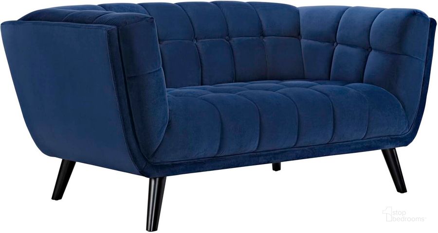 The appearance of Bestow Navy Performance Velvet Loveseat designed by Modway in the modern / contemporary interior design. This navy piece of furniture  was selected by 1StopBedrooms from Bestow Collection to add a touch of cosiness and style into your home. Sku: EEI-2535-NAV. Material: Wood. Product Type: Loveseat. Image1