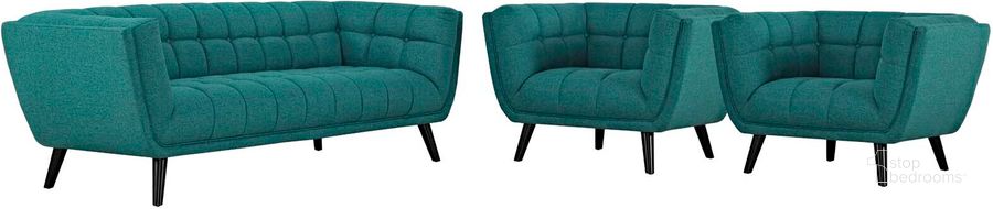 The appearance of Bestow Teal 3 Piece Upholstered Fabric Sofa and Arm Chair Set designed by Modway in the modern / contemporary interior design. This teal piece of furniture  was selected by 1StopBedrooms from Bestow Collection to add a touch of cosiness and style into your home. Sku: EEI-2977-TEA-SET. Material: Wood. Product Type: Living Room Chair. Image1