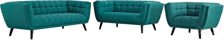 The appearance of Bestow Teal 3 Piece Upholstered Fabric Sofa Loveseat and Arm Chair Set designed by Modway in the modern / contemporary interior design. This teal piece of furniture  was selected by 1StopBedrooms from Bestow Collection to add a touch of cosiness and style into your home. Sku: EEI-2974-TEA-SET. Material: Wood. Product Type: Living Room Chair. Image1
