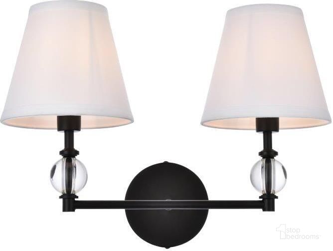 The appearance of Bethany 2 Lights Bath Sconce In Black With White Fabric Shade designed by Elegant Lighting in the transitional interior design. This white piece of furniture  was selected by 1StopBedrooms from Bethany Collection to add a touch of cosiness and style into your home. Sku: LD7022W15BK. Material: Metal. Product Type: Vanity Light. Image1