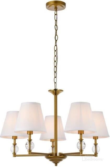 The appearance of Bethany 5 Lights Pendant In Brass With White Fabric Shade designed by Elegant Lighting in the transitional interior design. This white piece of furniture  was selected by 1StopBedrooms from Bethany Collection to add a touch of cosiness and style into your home. Sku: LD7024D25BR. Material: Metal. Product Type: Pendant Lighting. Image1
