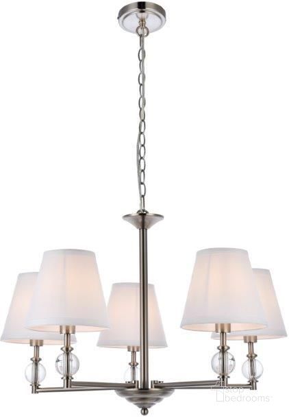 The appearance of Bethany 5 Lights Pendant In Satin Nickel With White Fabric Shade designed by Elegant Lighting in the transitional interior design. This white piece of furniture  was selected by 1StopBedrooms from Bethany Collection to add a touch of cosiness and style into your home. Sku: LD7024D25SN. Material: Metal. Product Type: Pendant Lighting. Image1
